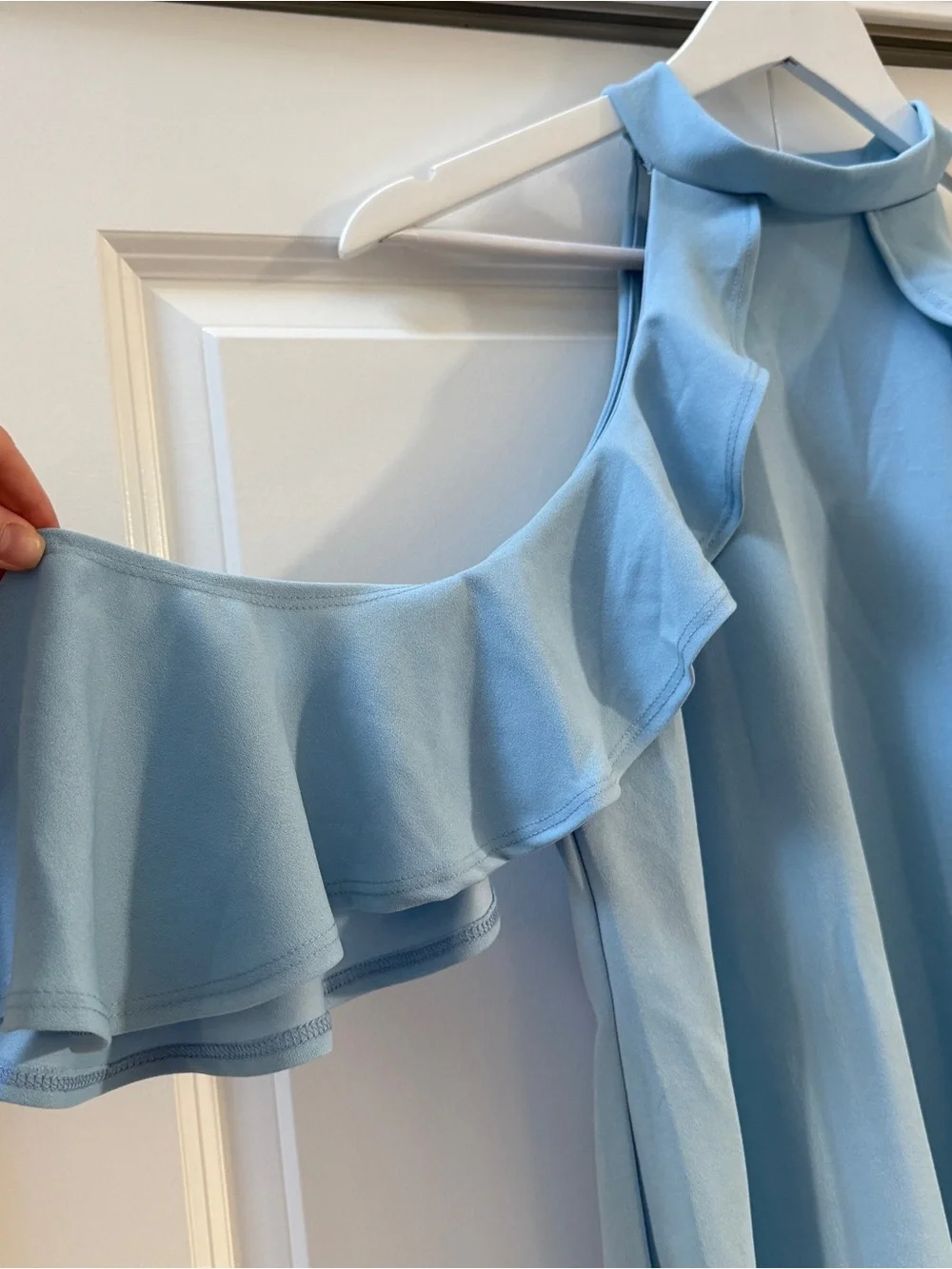Pinkblush Maternity Light Blue Midi Dress with Ruffle Cold-Shoulder, Size XL